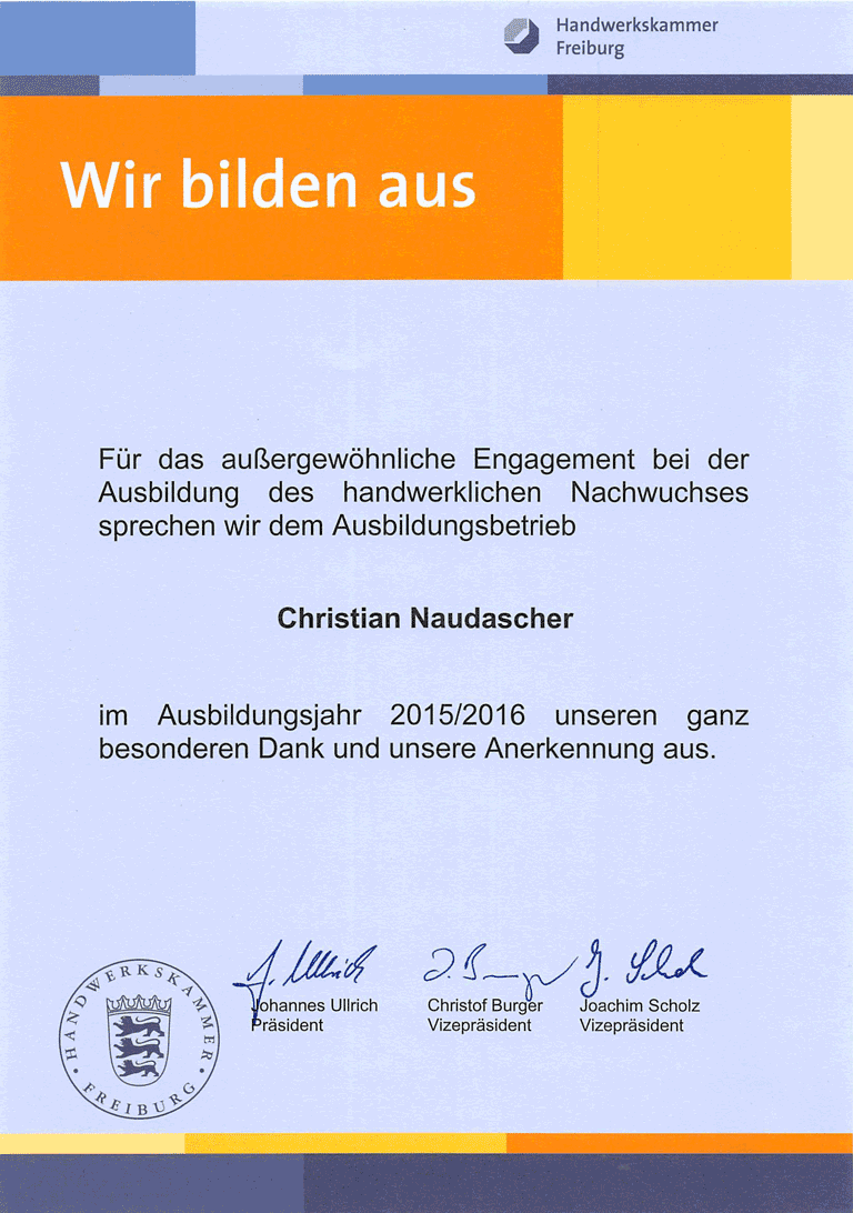 Auszeichnung als Ausbildungsbetrieb, Handwerkskammer Freiburg